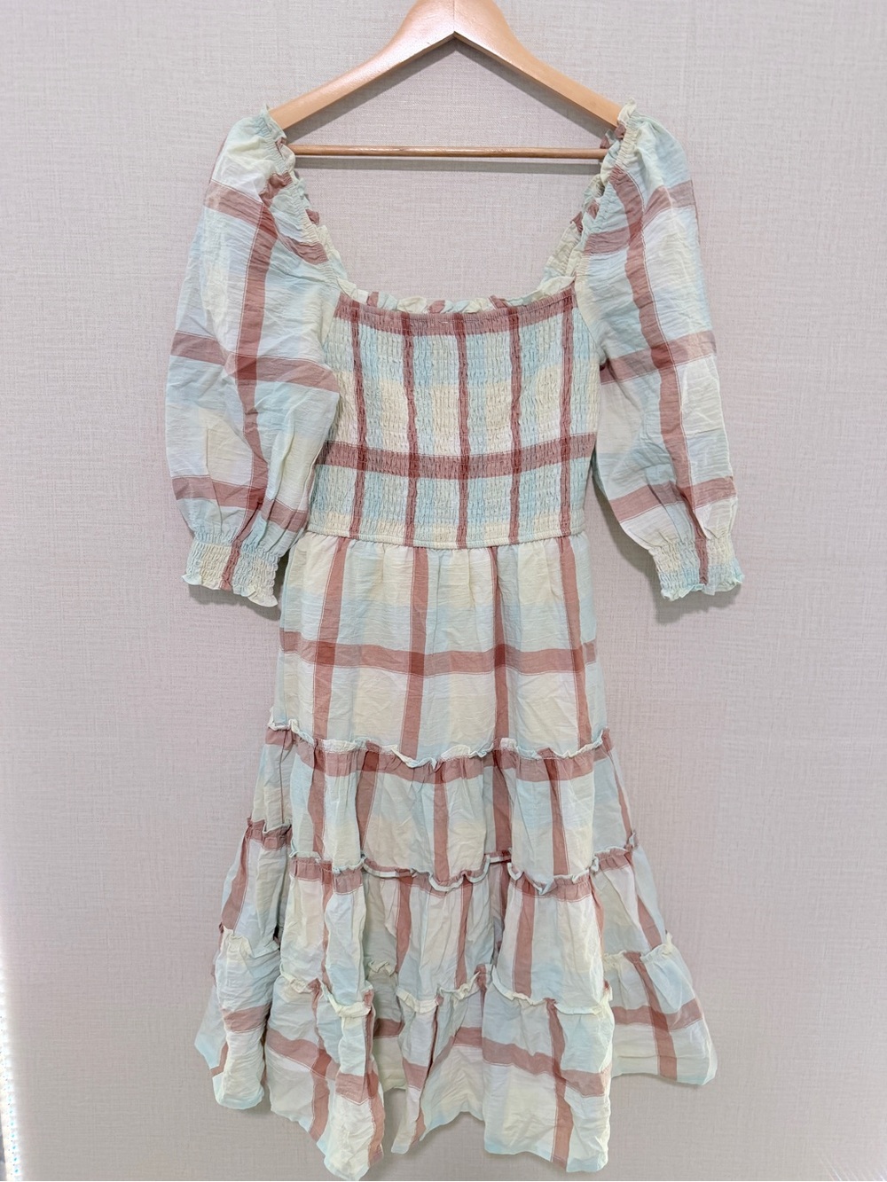Smocked Square-Neck Midi Dress in Pale Blue and Brown Plaid